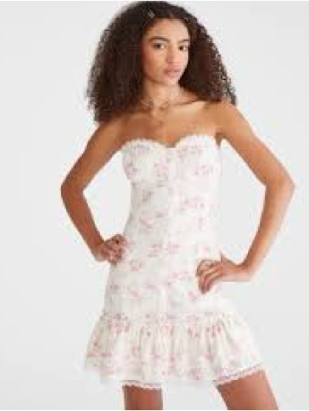 aerie White Strapless Floral Ruffle-Hem Mini Dress